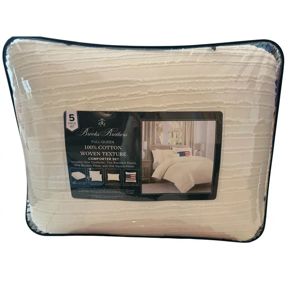 Brooks Brothers Ivory 100% Cotton Woven Texture Comforter 5 Pc Set Full/Queen
